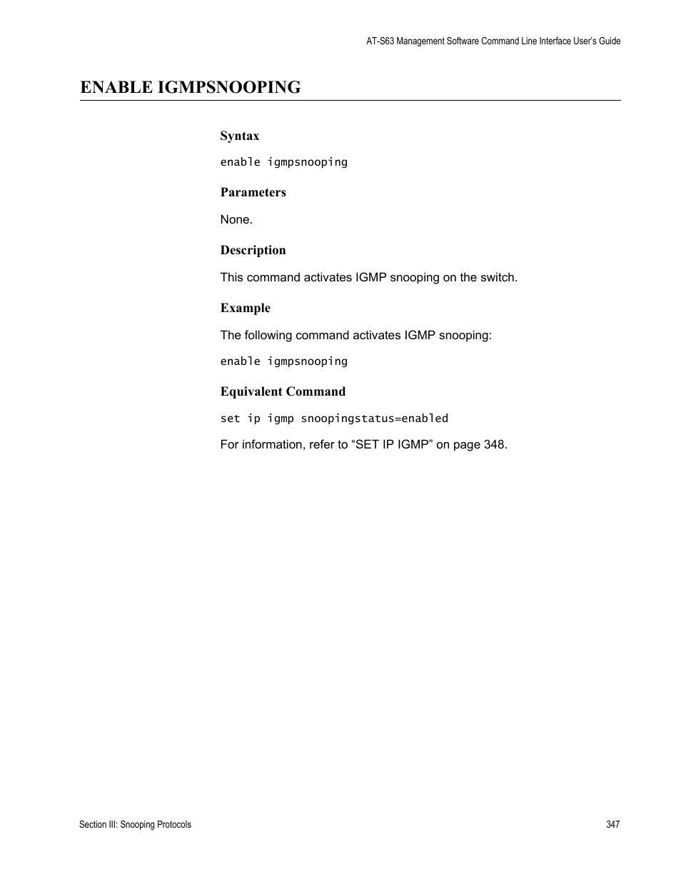 Enable igmpsnooping | Allied Telesis AT-S63 User Manual | Page 347 / 728