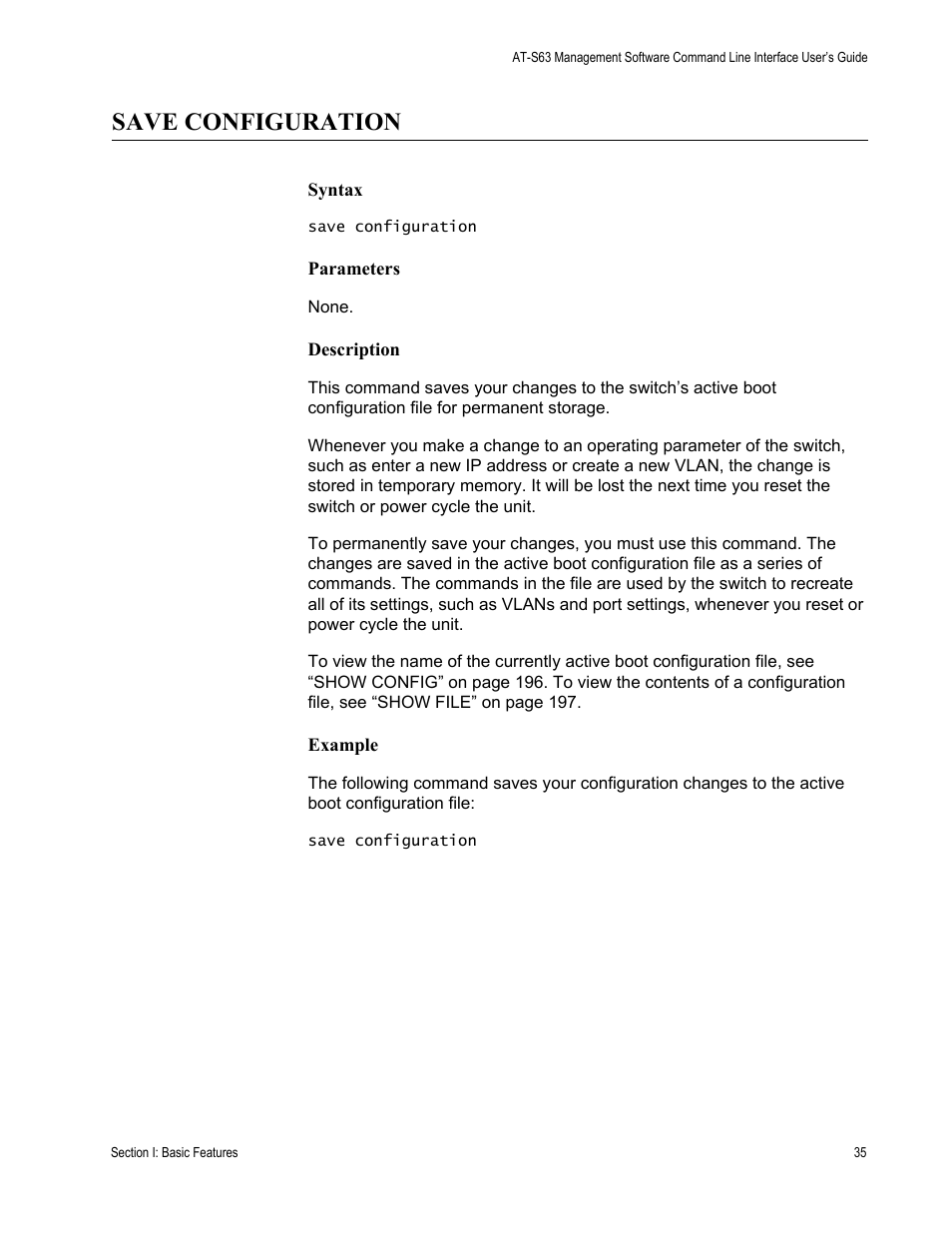 Save configuration | Allied Telesis AT-S63 User Manual | Page 35 / 728