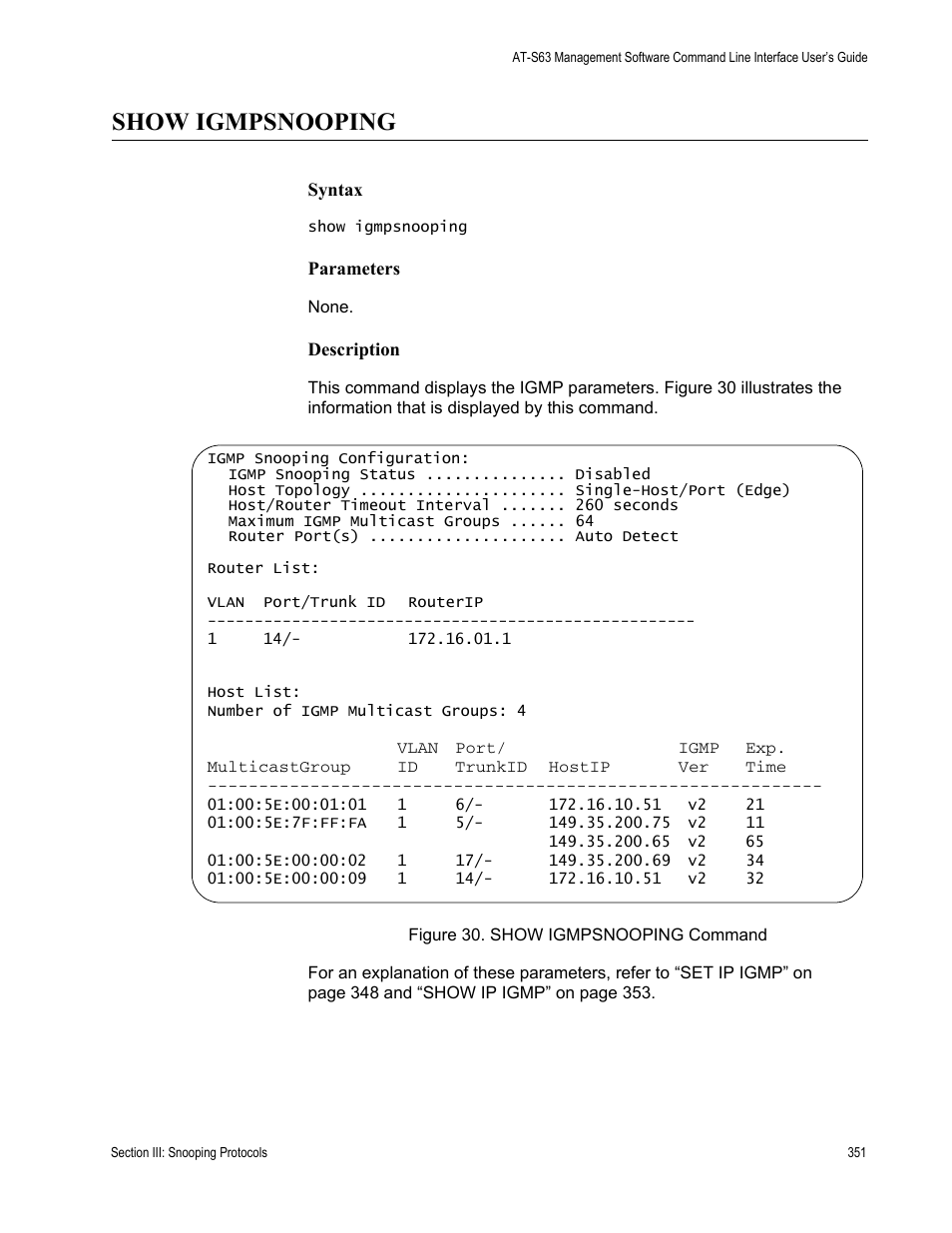 Show igmpsnooping | Allied Telesis AT-S63 User Manual | Page 351 / 728