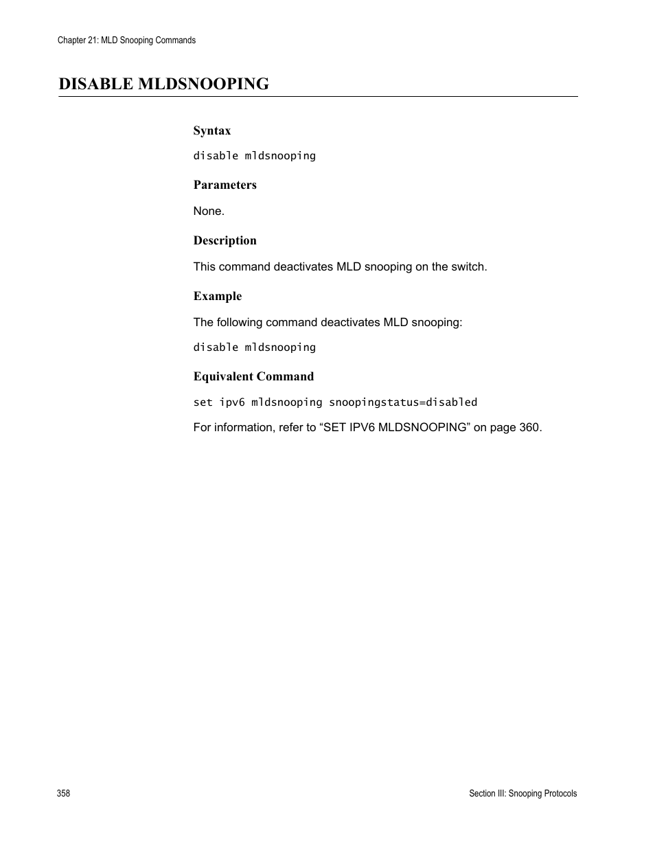 Disable mldsnooping | Allied Telesis AT-S63 User Manual | Page 358 / 728