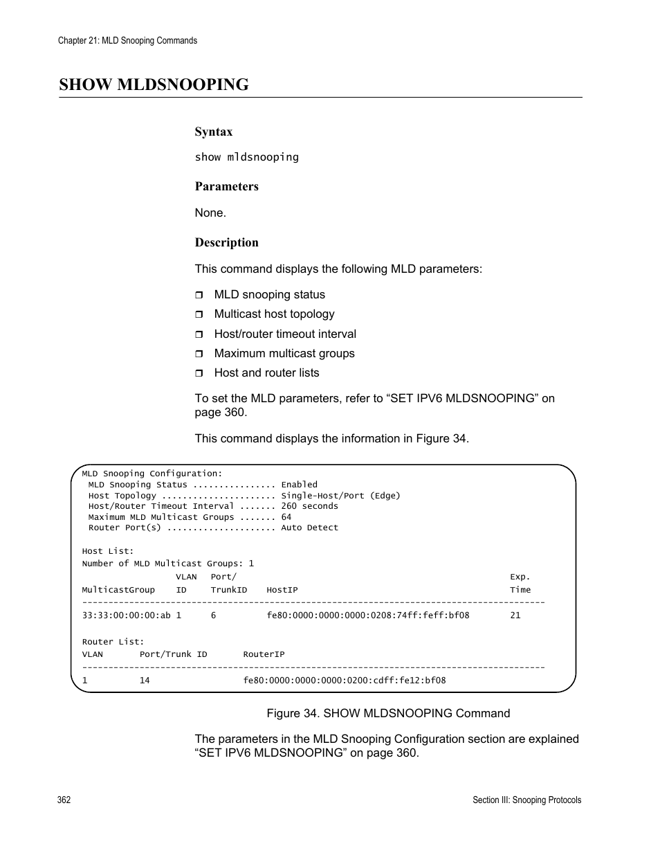 Show mldsnooping, Syntax, Parameters | Description | Allied Telesis AT-S63 User Manual | Page 362 / 728