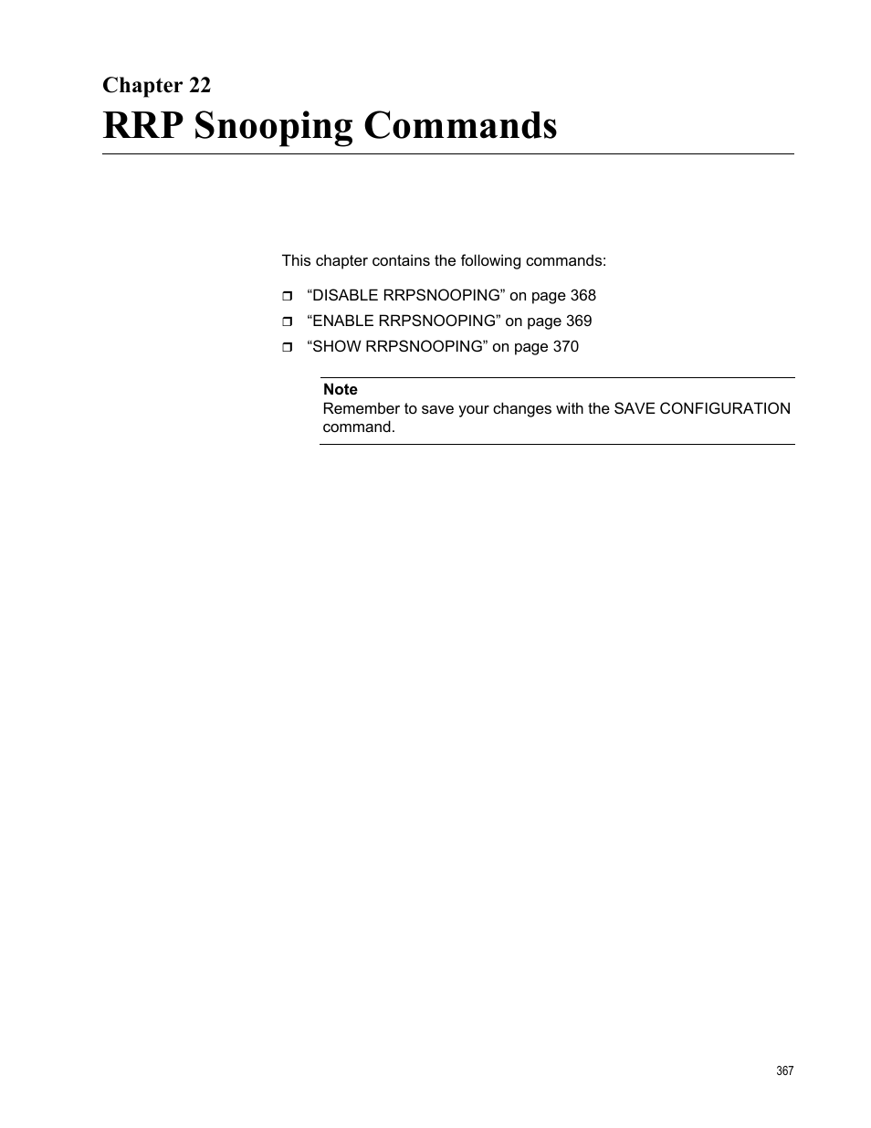 Chapter 22, Rrp snooping commands | Allied Telesis AT-S63 User Manual | Page 367 / 728