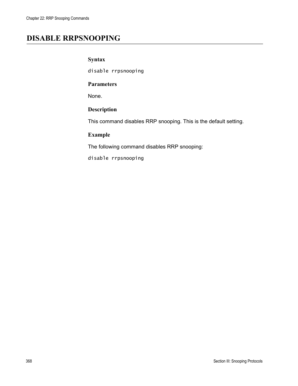 Disable rrpsnooping | Allied Telesis AT-S63 User Manual | Page 368 / 728