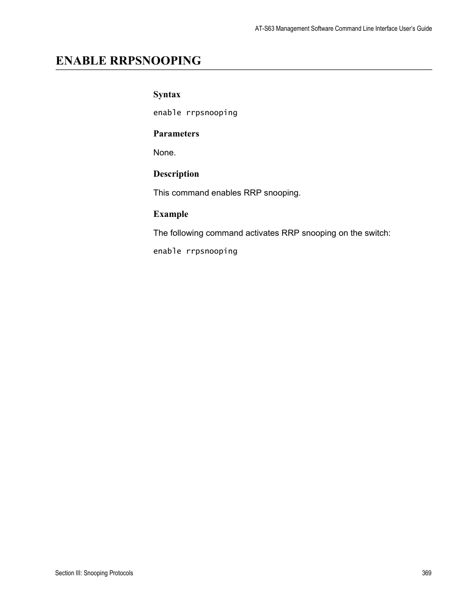 Enable rrpsnooping | Allied Telesis AT-S63 User Manual | Page 369 / 728