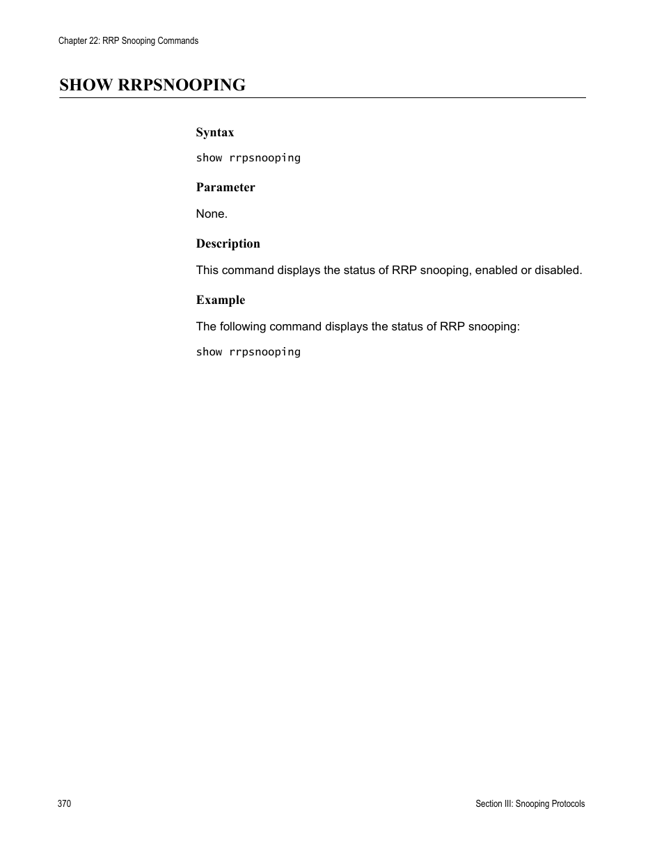 Show rrpsnooping | Allied Telesis AT-S63 User Manual | Page 370 / 728