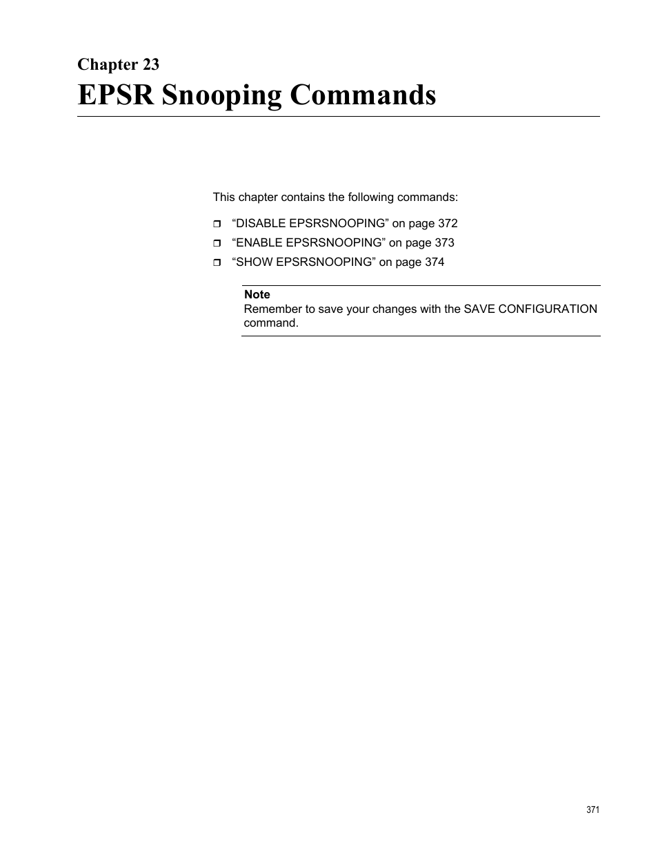 Chapter 23, Epsr snooping commands | Allied Telesis AT-S63 User Manual | Page 371 / 728