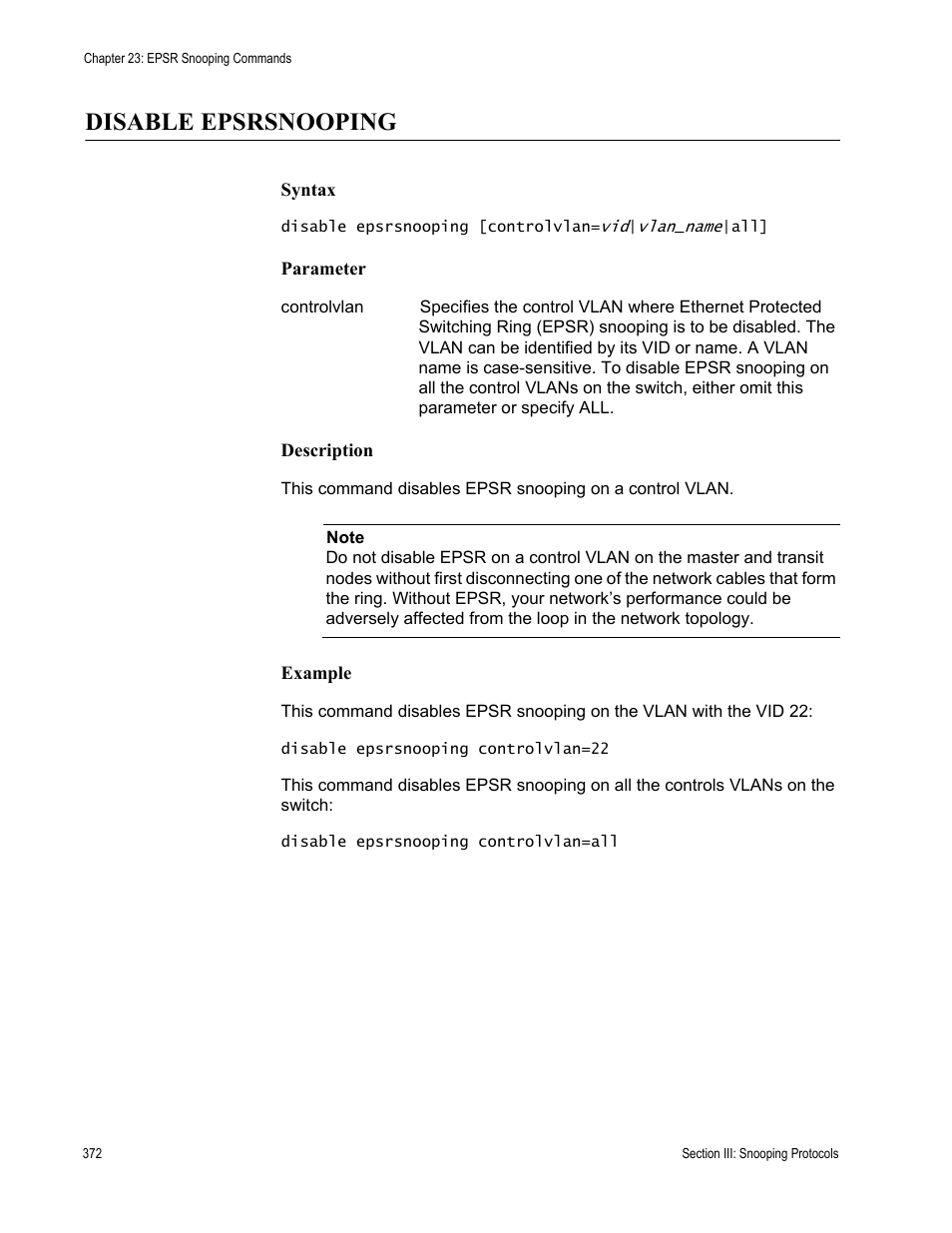 Disable epsrsnooping | Allied Telesis AT-S63 User Manual | Page 372 / 728