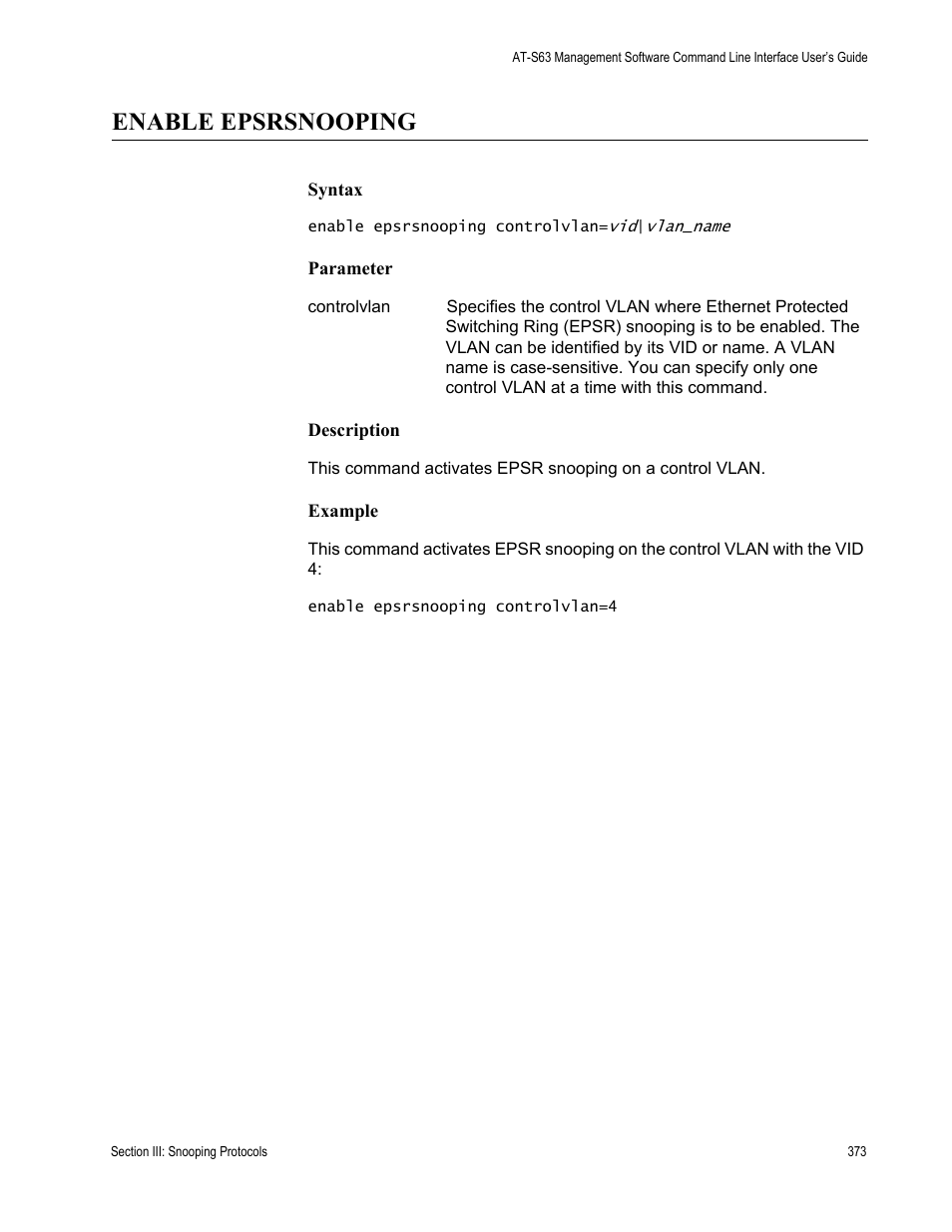 Enable epsrsnooping | Allied Telesis AT-S63 User Manual | Page 373 / 728