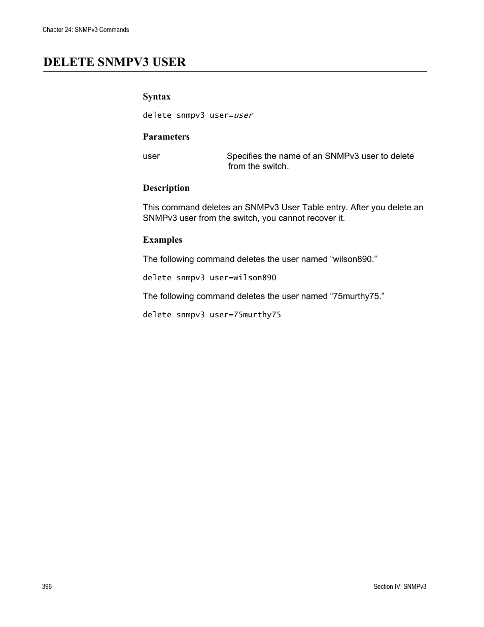 Delete snmpv3 user | Allied Telesis AT-S63 User Manual | Page 396 / 728