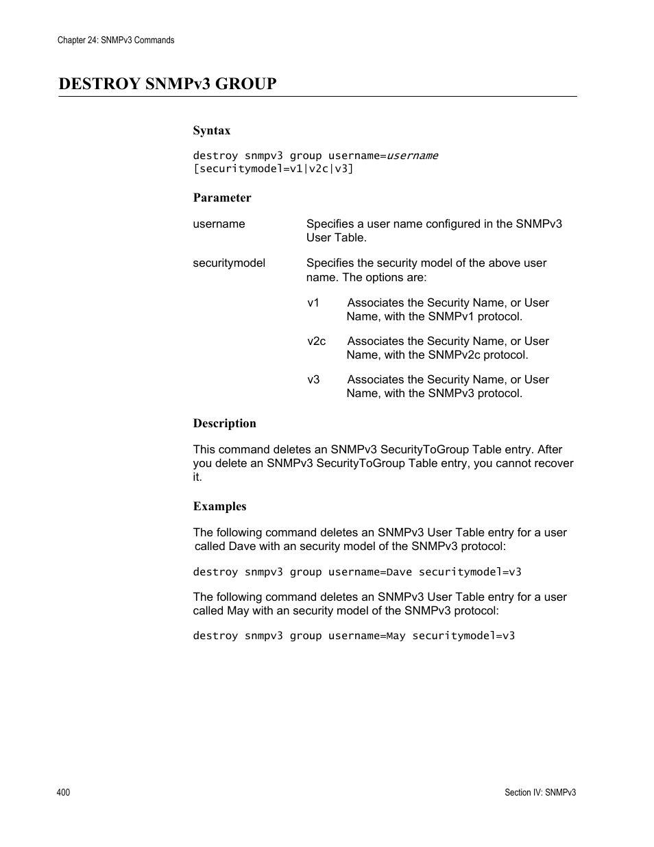 Destroy snmpv3 group | Allied Telesis AT-S63 User Manual | Page 400 / 728