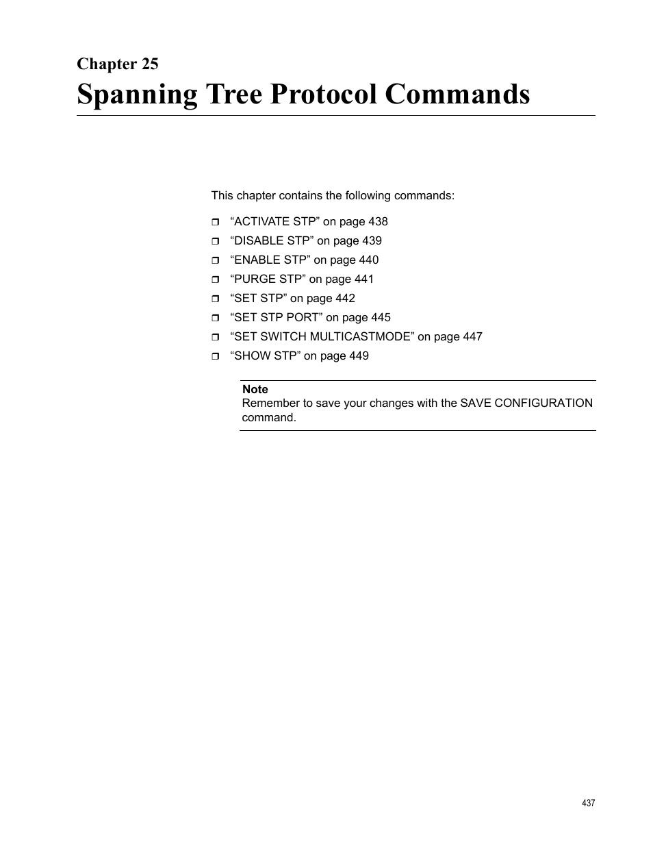 Chapter 25, Spanning tree protocol commands | Allied Telesis AT-S63 User Manual | Page 437 / 728
