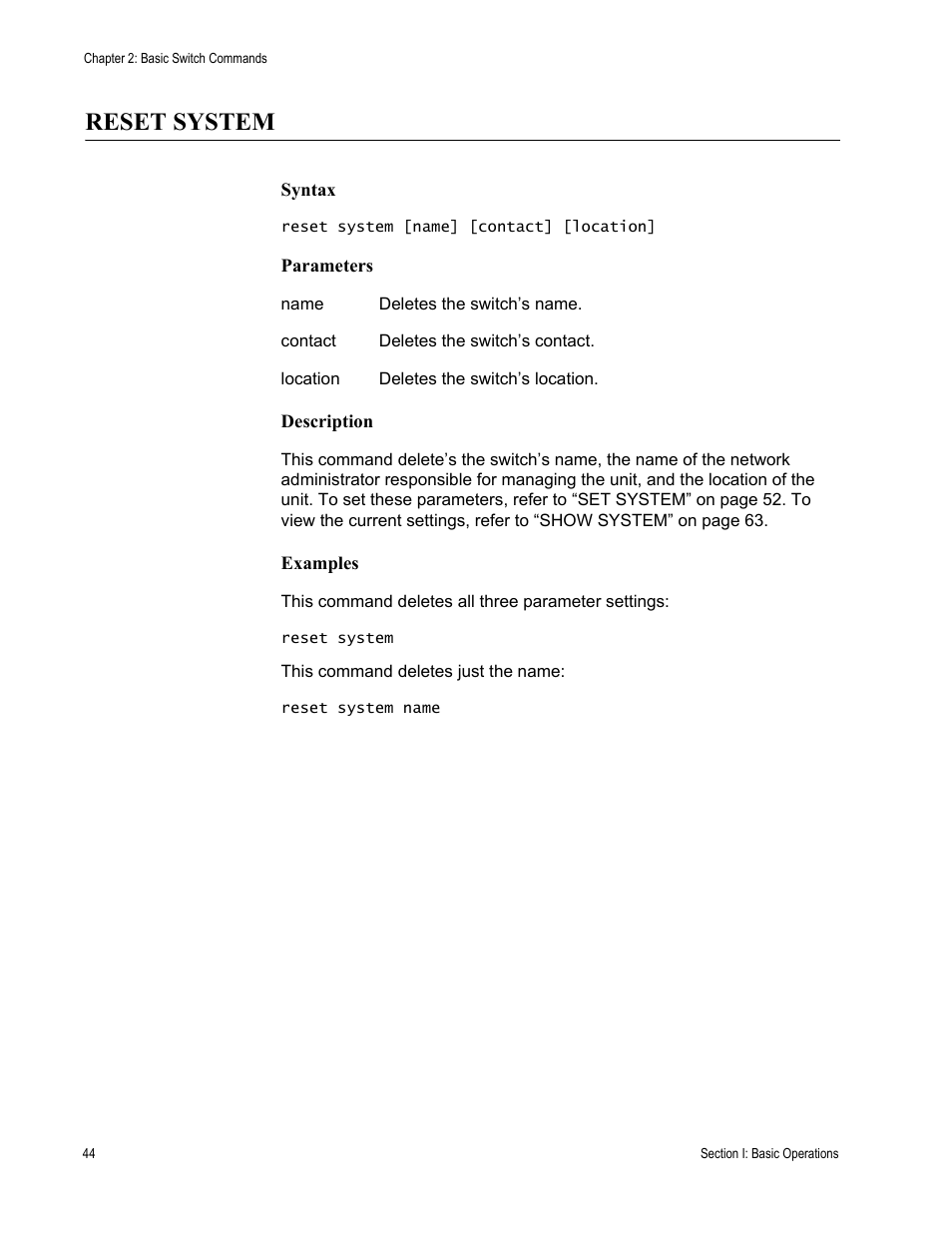 Reset system | Allied Telesis AT-S63 User Manual | Page 44 / 728