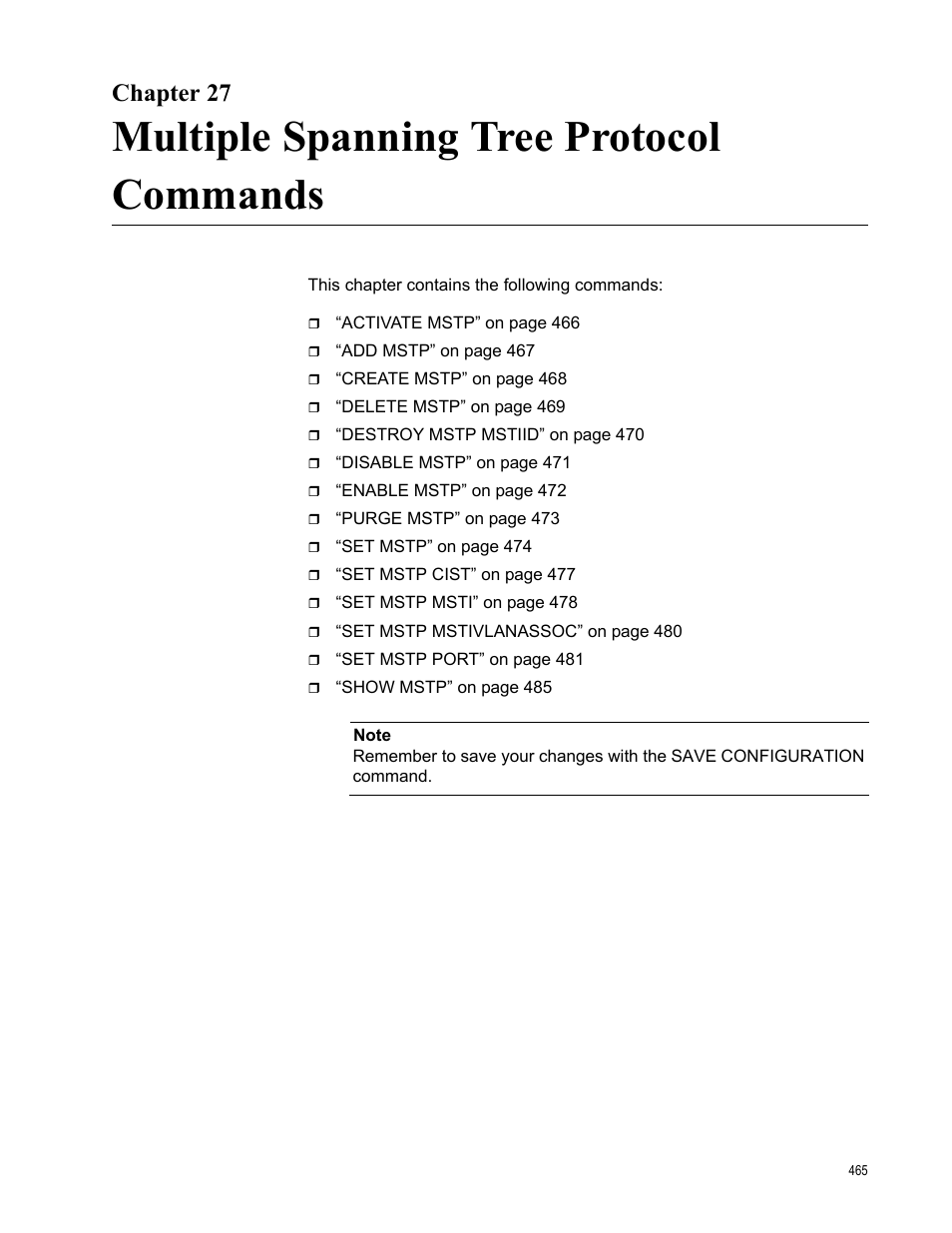 Chapter 27, Multiple spanning tree protocol commands | Allied Telesis AT-S63 User Manual | Page 465 / 728
