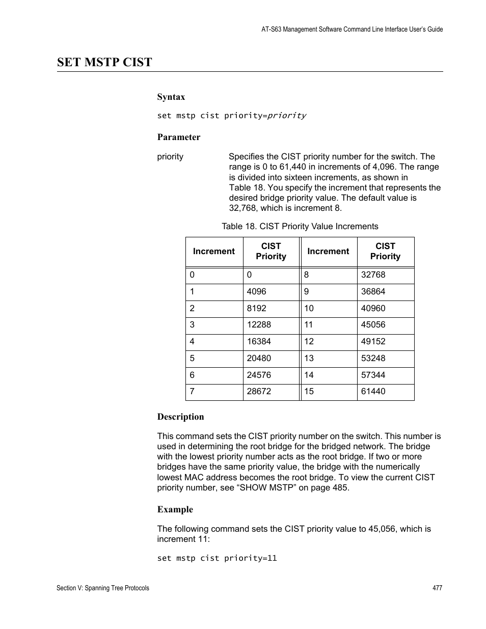 Set mstp cist, Table 18. cist priority value increments | Allied Telesis AT-S63 User Manual | Page 477 / 728