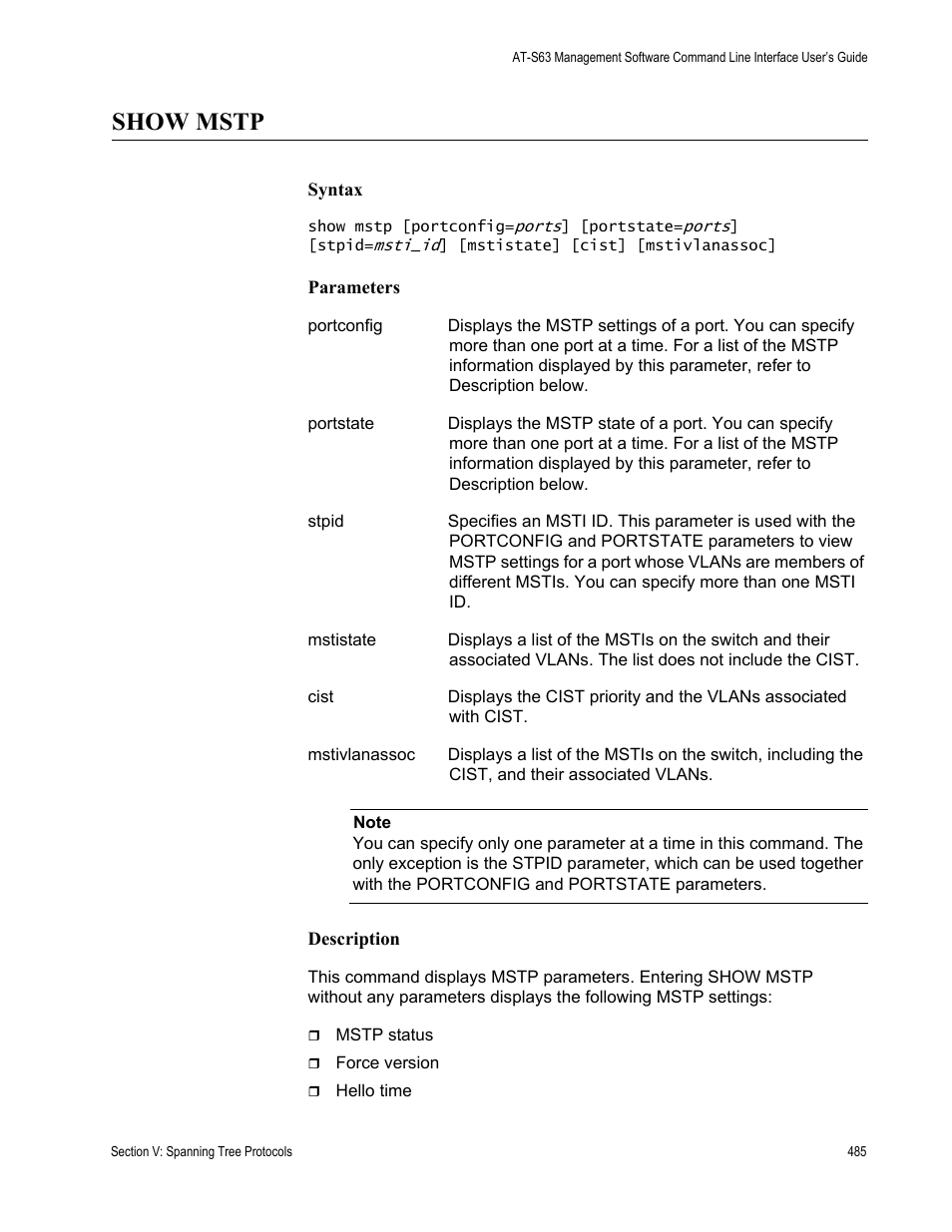 Show mstp | Allied Telesis AT-S63 User Manual | Page 485 / 728