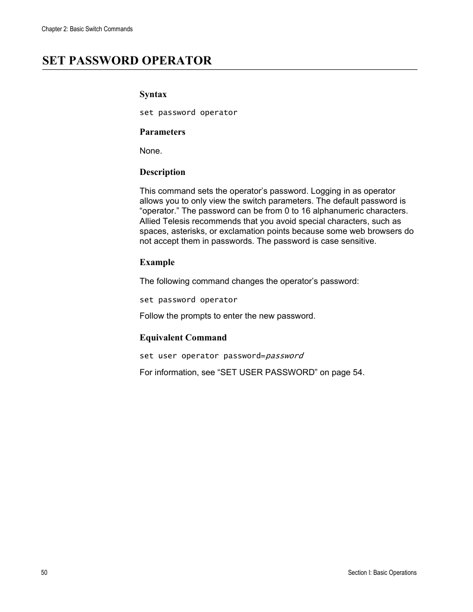 Set password operator | Allied Telesis AT-S63 User Manual | Page 50 / 728