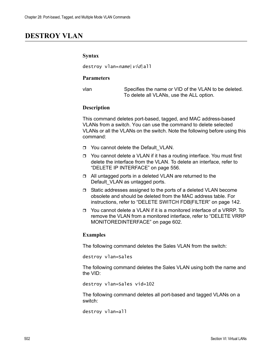 Destroy vlan | Allied Telesis AT-S63 User Manual | Page 502 / 728