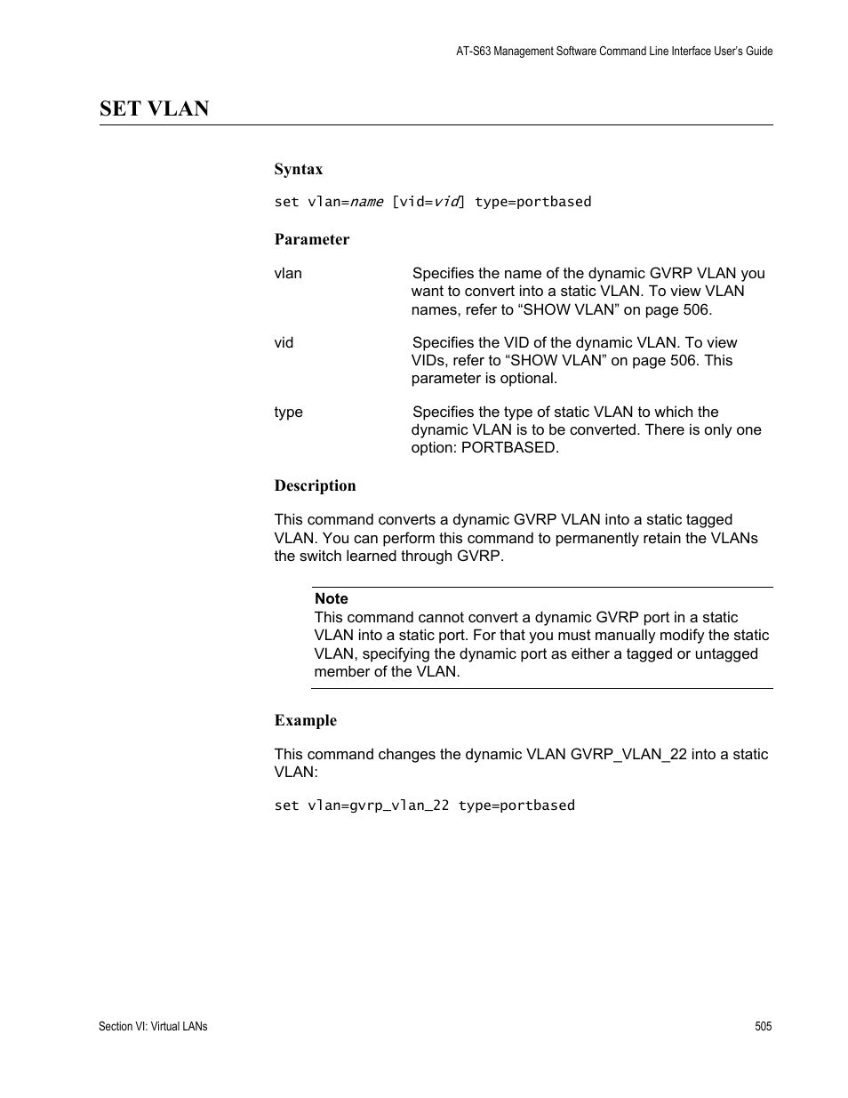 Set vlan | Allied Telesis AT-S63 User Manual | Page 505 / 728