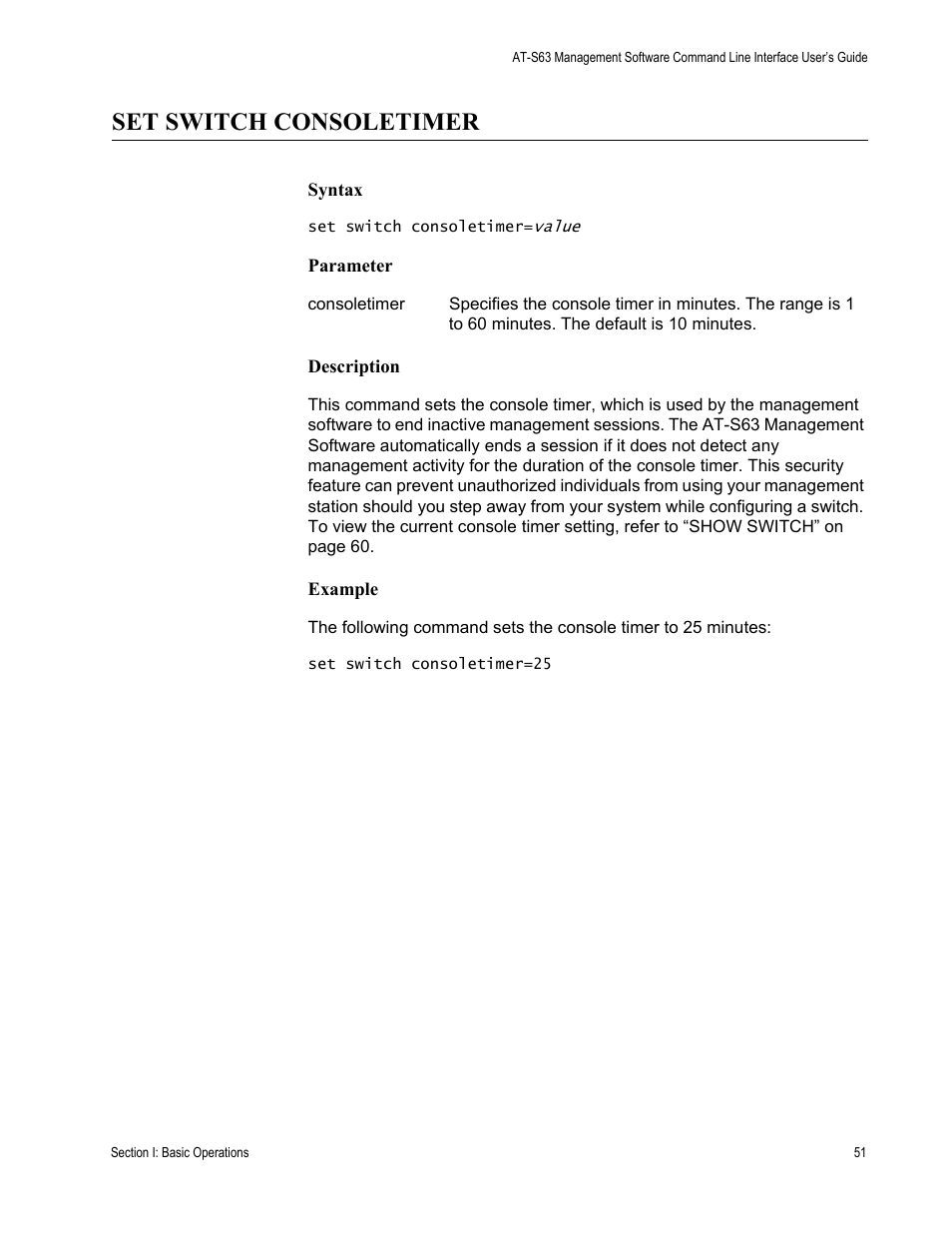 Set switch consoletimer | Allied Telesis AT-S63 User Manual | Page 51 / 728