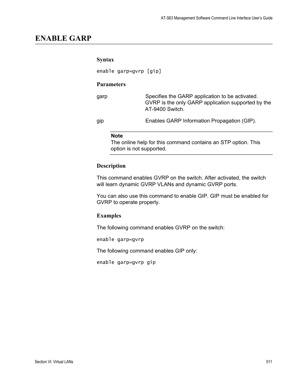 Enable garp | Allied Telesis AT-S63 User Manual | Page 511 / 728