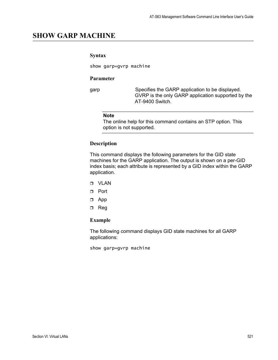Show garp machine | Allied Telesis AT-S63 User Manual | Page 521 / 728
