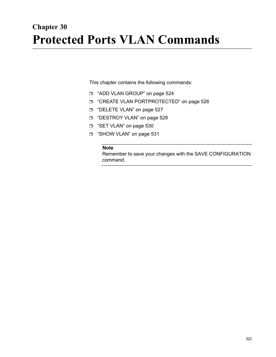 Chapter 30, Protected ports vlan commands, Chapter 30: protected ports vlan commands | Allied Telesis AT-S63 User Manual | Page 523 / 728