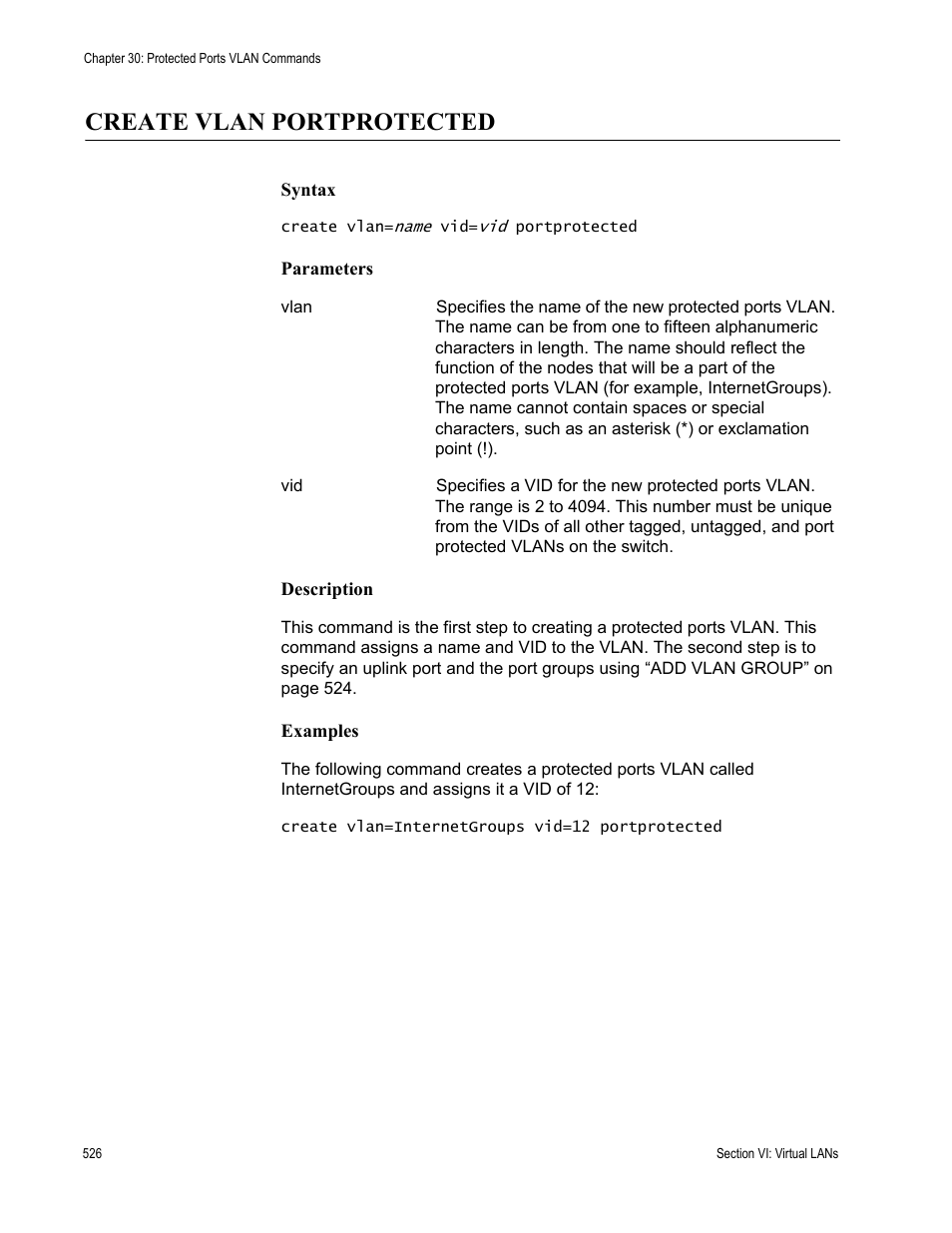 Create vlan portprotected | Allied Telesis AT-S63 User Manual | Page 526 / 728
