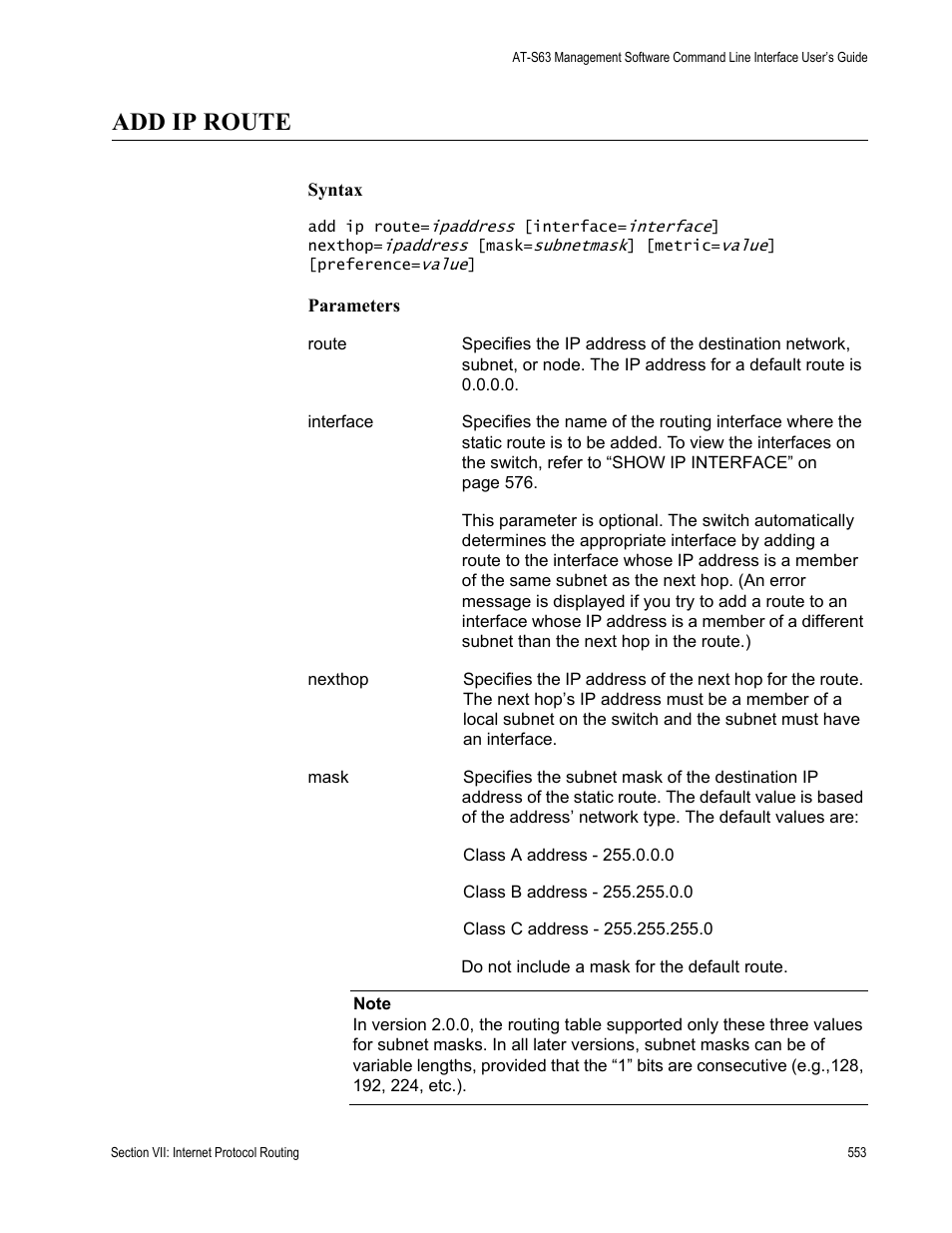 Add ip route | Allied Telesis AT-S63 User Manual | Page 553 / 728