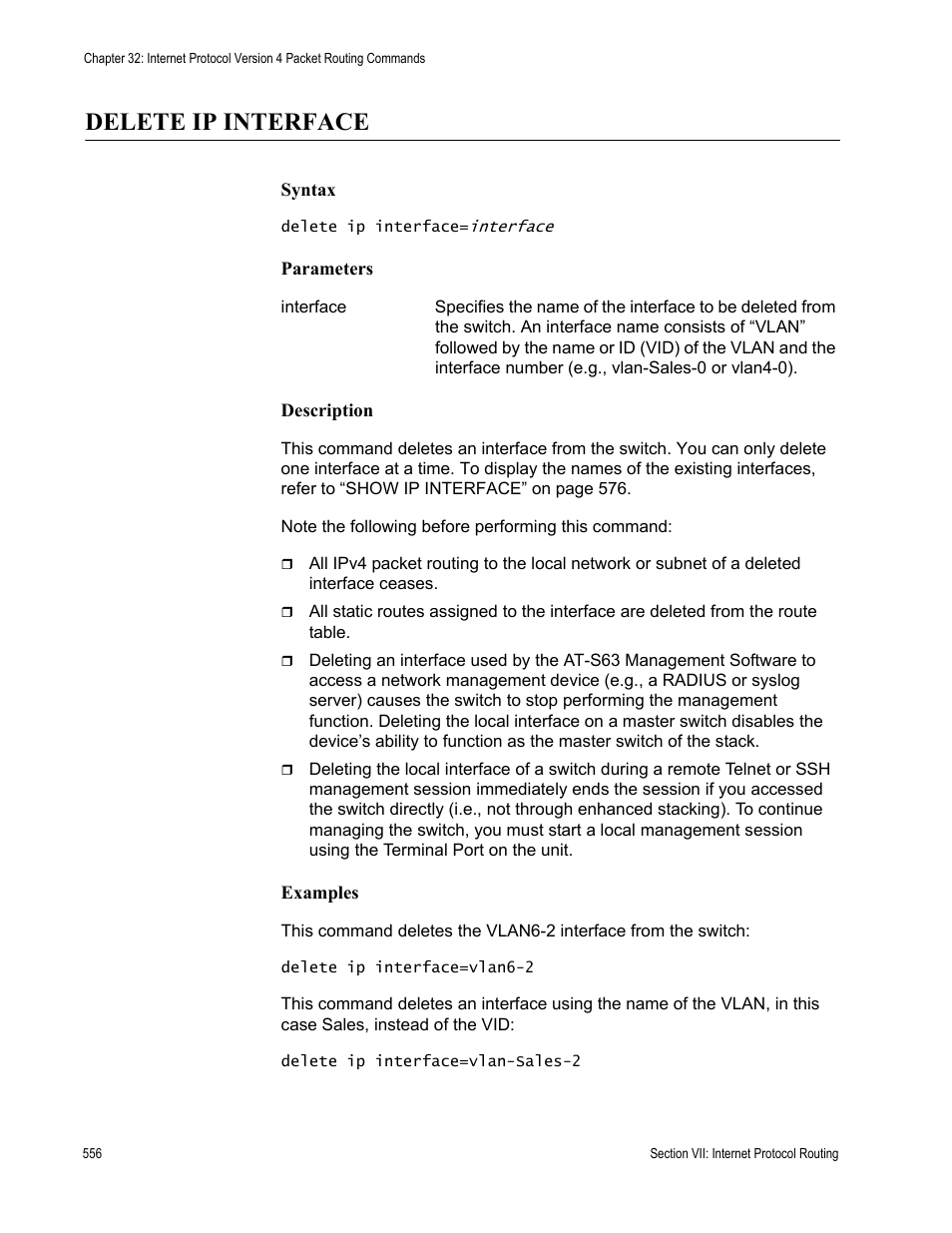 Delete ip interface | Allied Telesis AT-S63 User Manual | Page 556 / 728