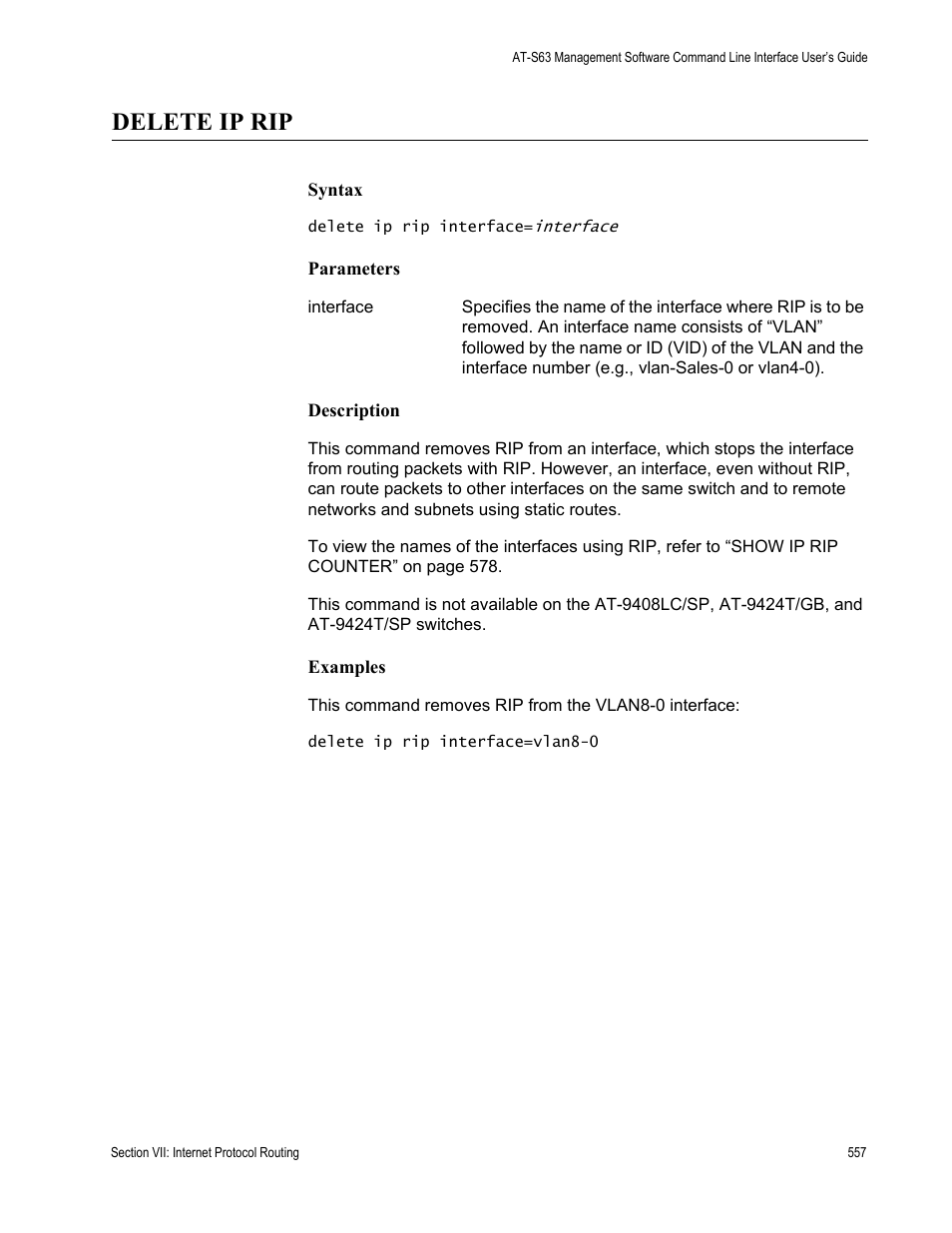 Delete ip rip | Allied Telesis AT-S63 User Manual | Page 557 / 728