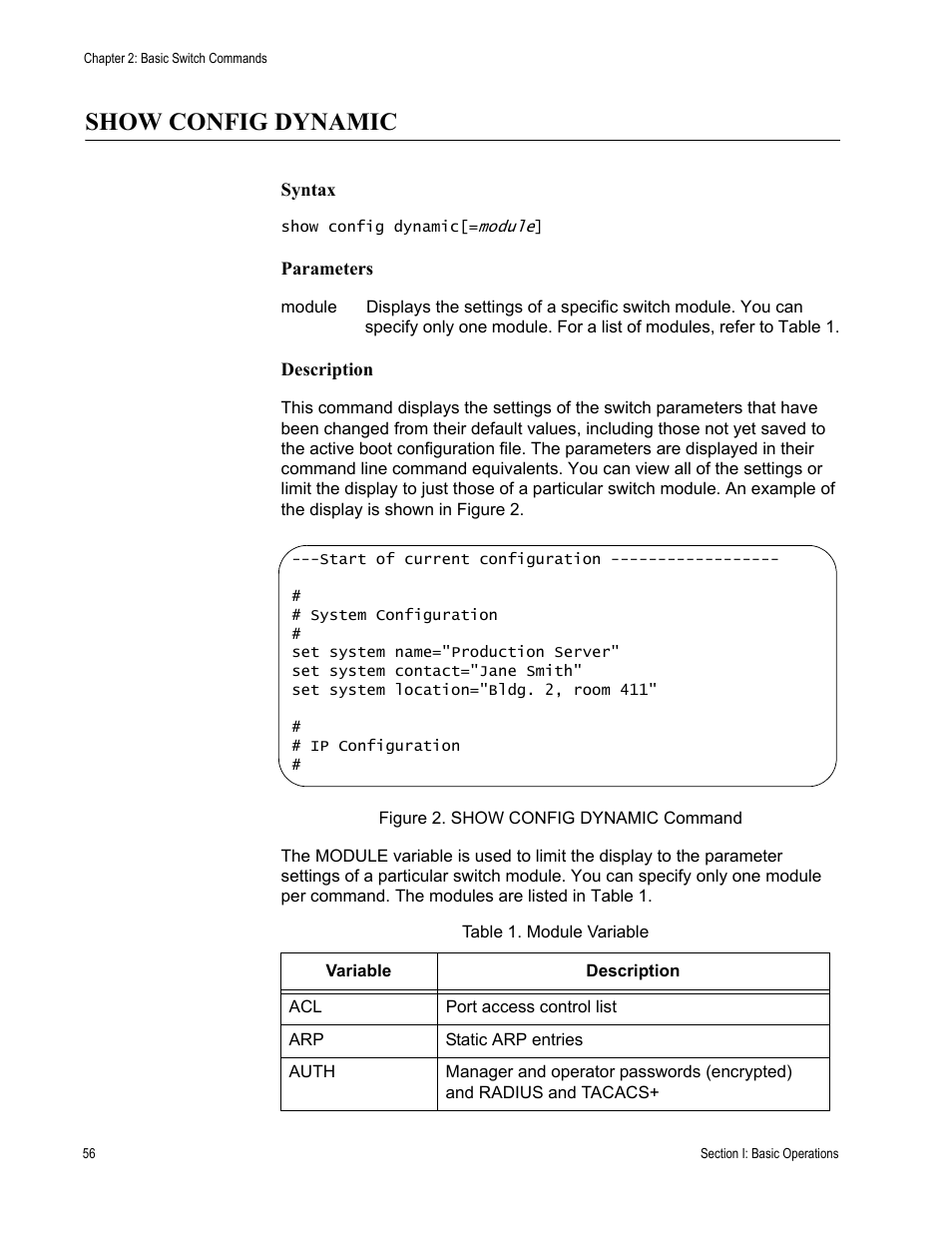 Show config dynamic, Table 1. module variable | Allied Telesis AT-S63 User Manual | Page 56 / 728