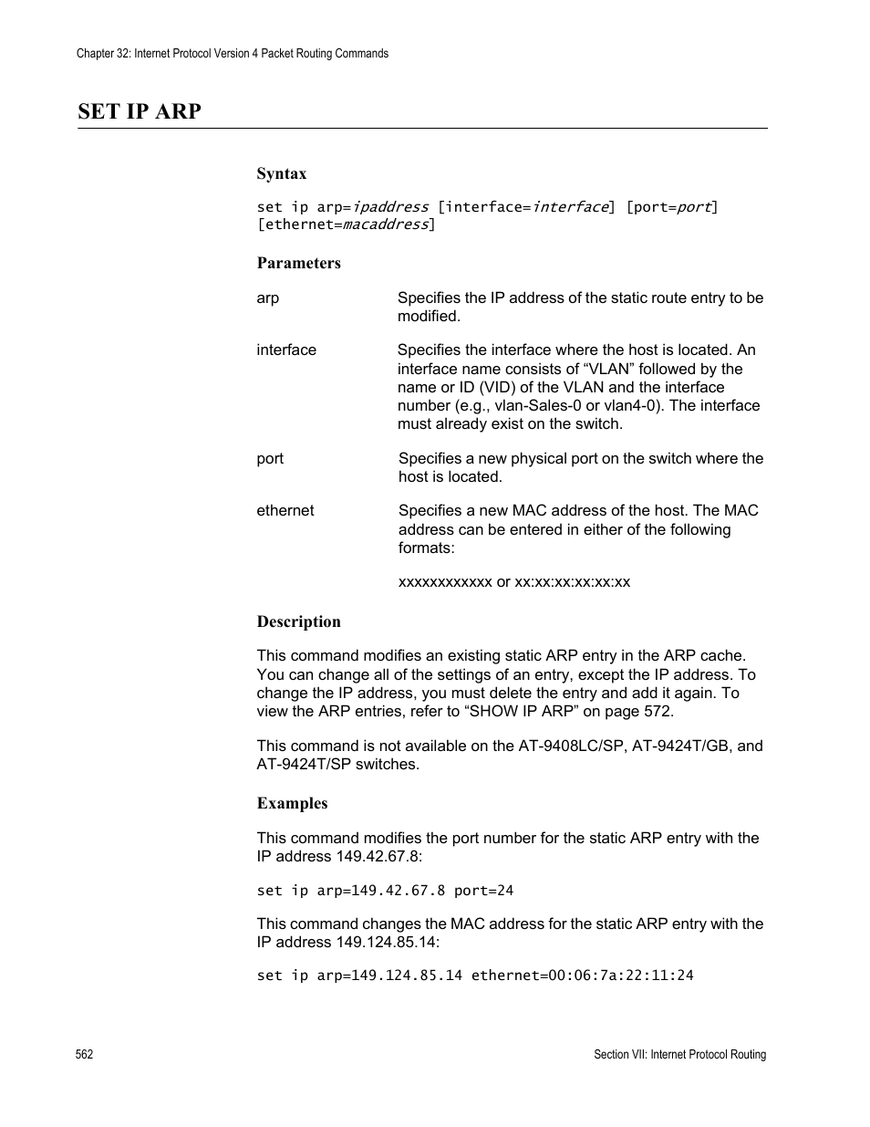 Set ip arp | Allied Telesis AT-S63 User Manual | Page 562 / 728