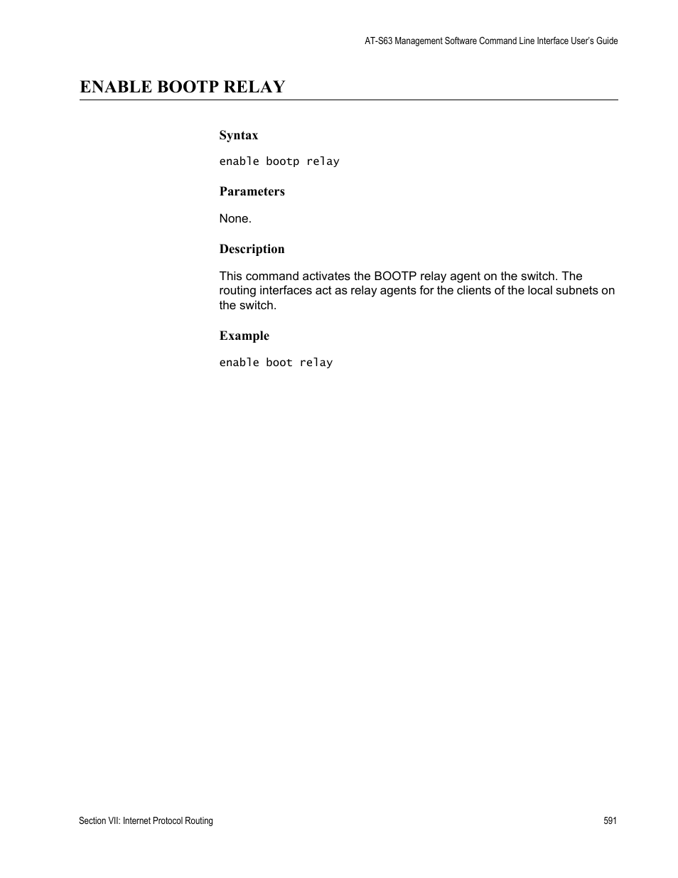 Enable bootp relay | Allied Telesis AT-S63 User Manual | Page 591 / 728
