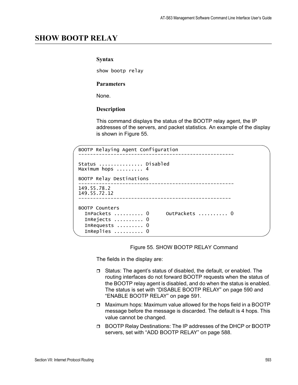 Show bootp relay | Allied Telesis AT-S63 User Manual | Page 593 / 728