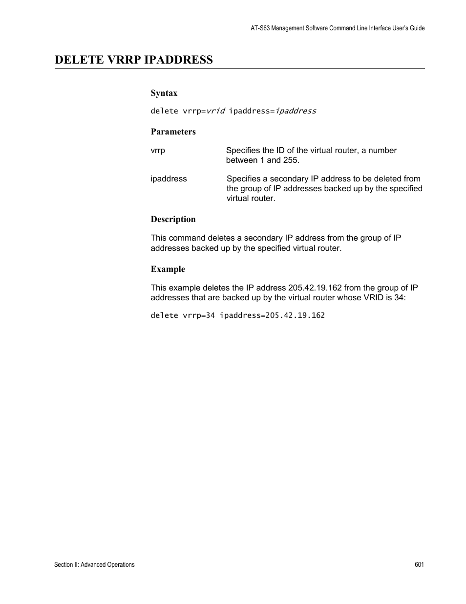 Delete vrrp ipaddress | Allied Telesis AT-S63 User Manual | Page 601 / 728