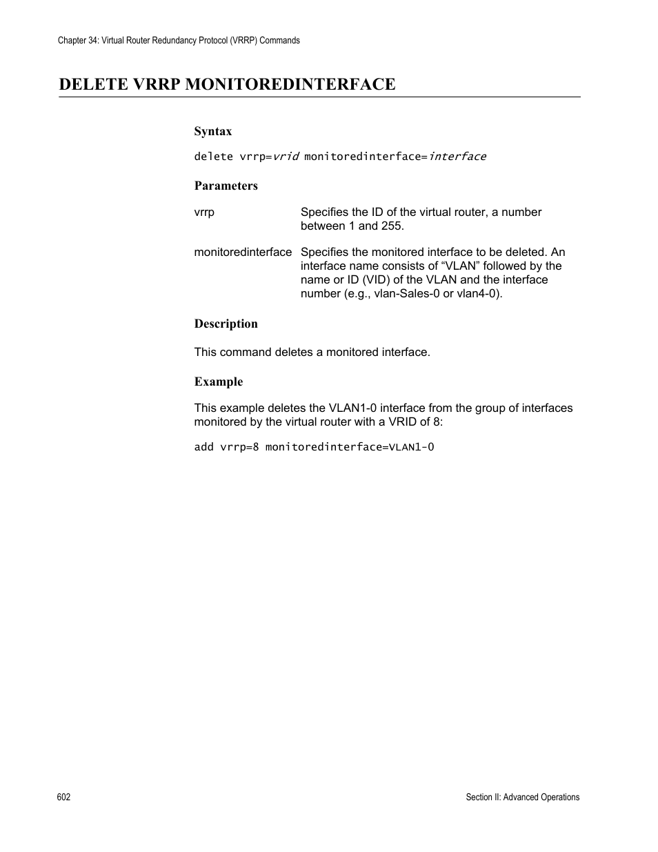 Delete vrrp monitoredinterface | Allied Telesis AT-S63 User Manual | Page 602 / 728