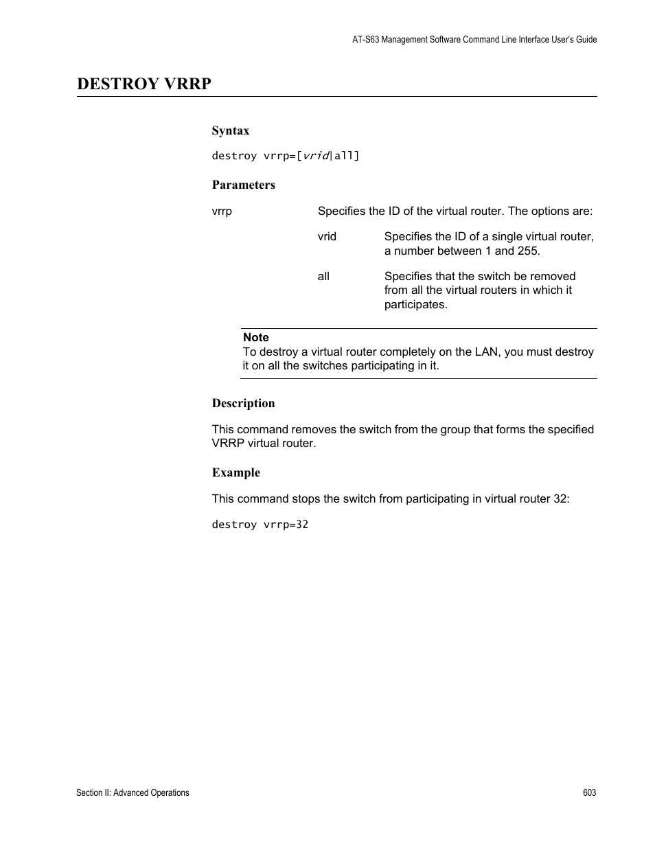 Destroy vrrp | Allied Telesis AT-S63 User Manual | Page 603 / 728