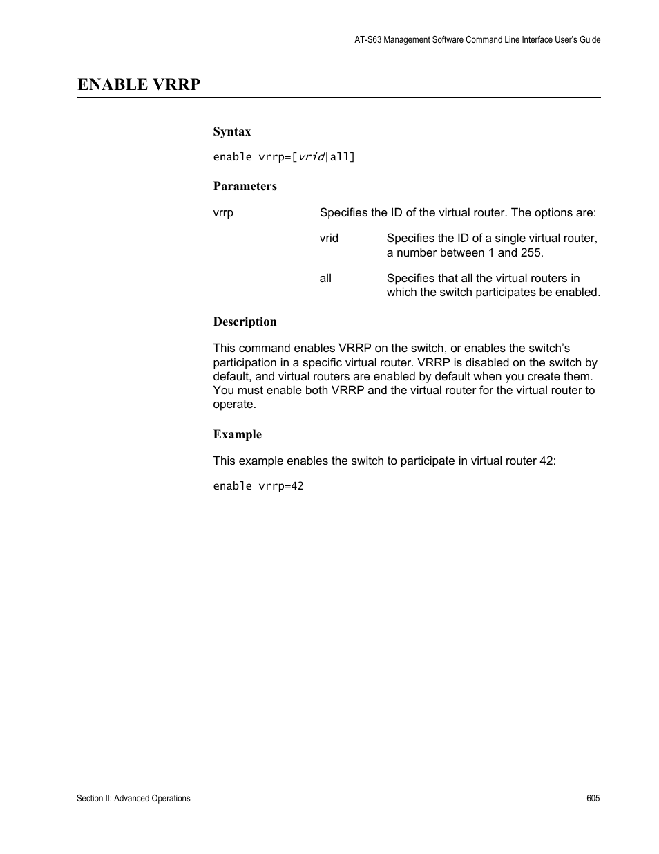 Enable vrrp | Allied Telesis AT-S63 User Manual | Page 605 / 728