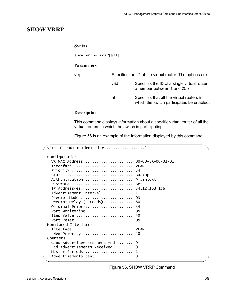 Show vrrp | Allied Telesis AT-S63 User Manual | Page 609 / 728