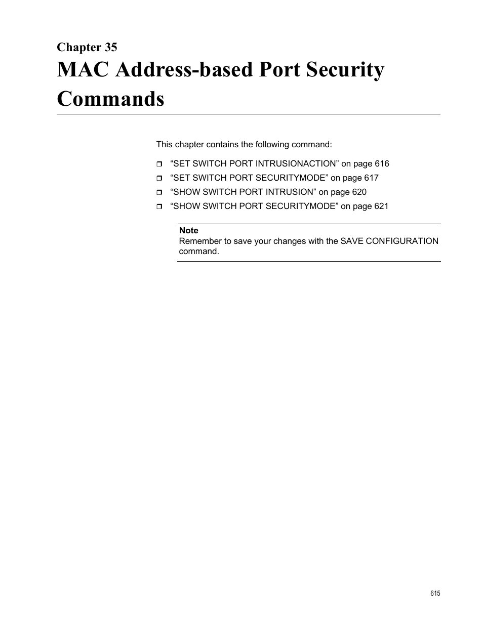 Chapter 35, Mac address-based port security commands | Allied Telesis AT-S63 User Manual | Page 615 / 728