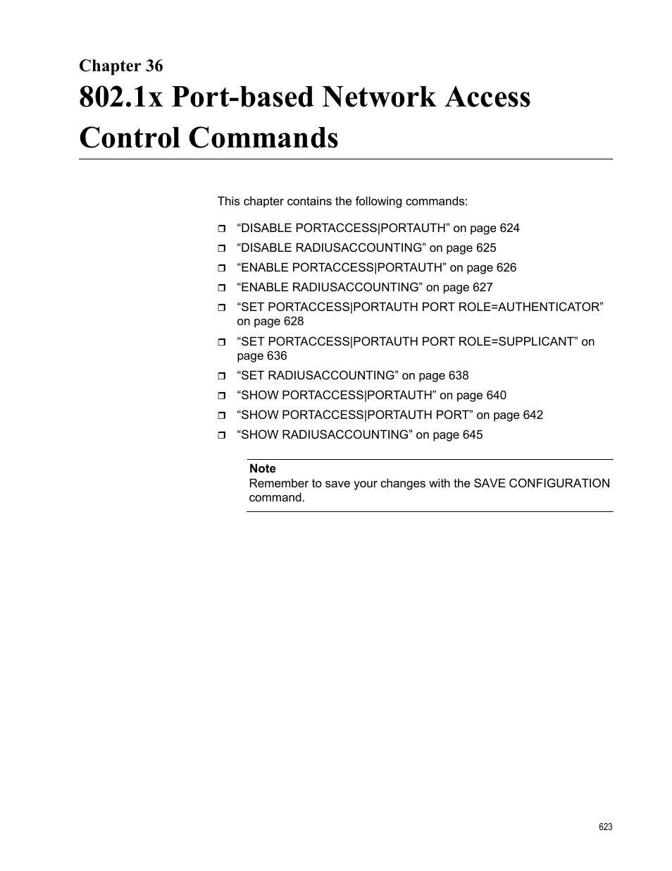 Chapter 36, 1x port-based network access control commands | Allied Telesis AT-S63 User Manual | Page 623 / 728