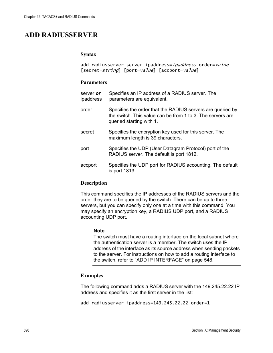 Add radiusserver | Allied Telesis AT-S63 User Manual | Page 696 / 728