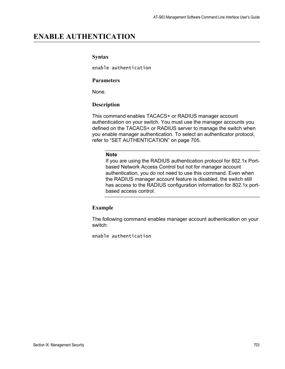 Enable authentication | Allied Telesis AT-S63 User Manual | Page 703 / 728