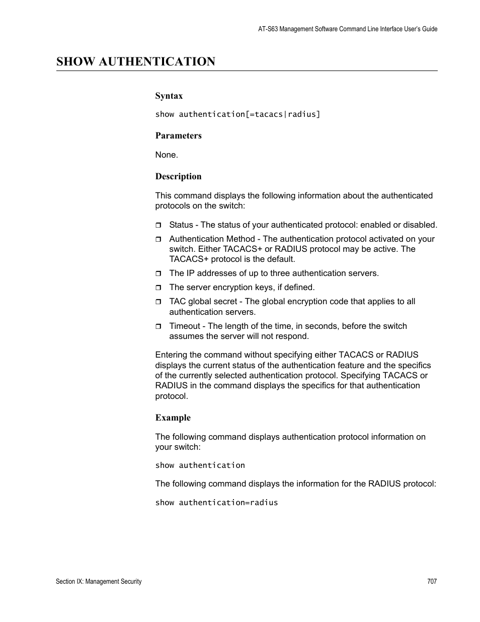 Show authentication | Allied Telesis AT-S63 User Manual | Page 707 / 728