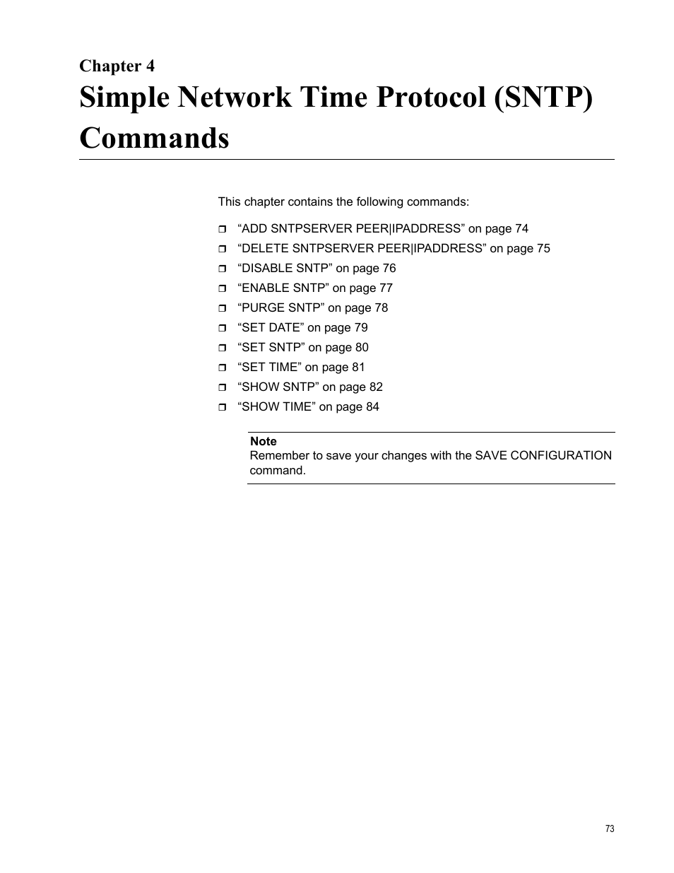 Chapter 4, Simple network time protocol (sntp) commands, R 4: simple network time protocol (sntp) commands | Allied Telesis AT-S63 User Manual | Page 73 / 728