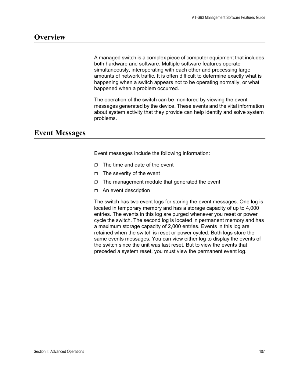 Overview, Event messages, Overview event messages | Allied Telesis AT-S63 User Manual | Page 107 / 514