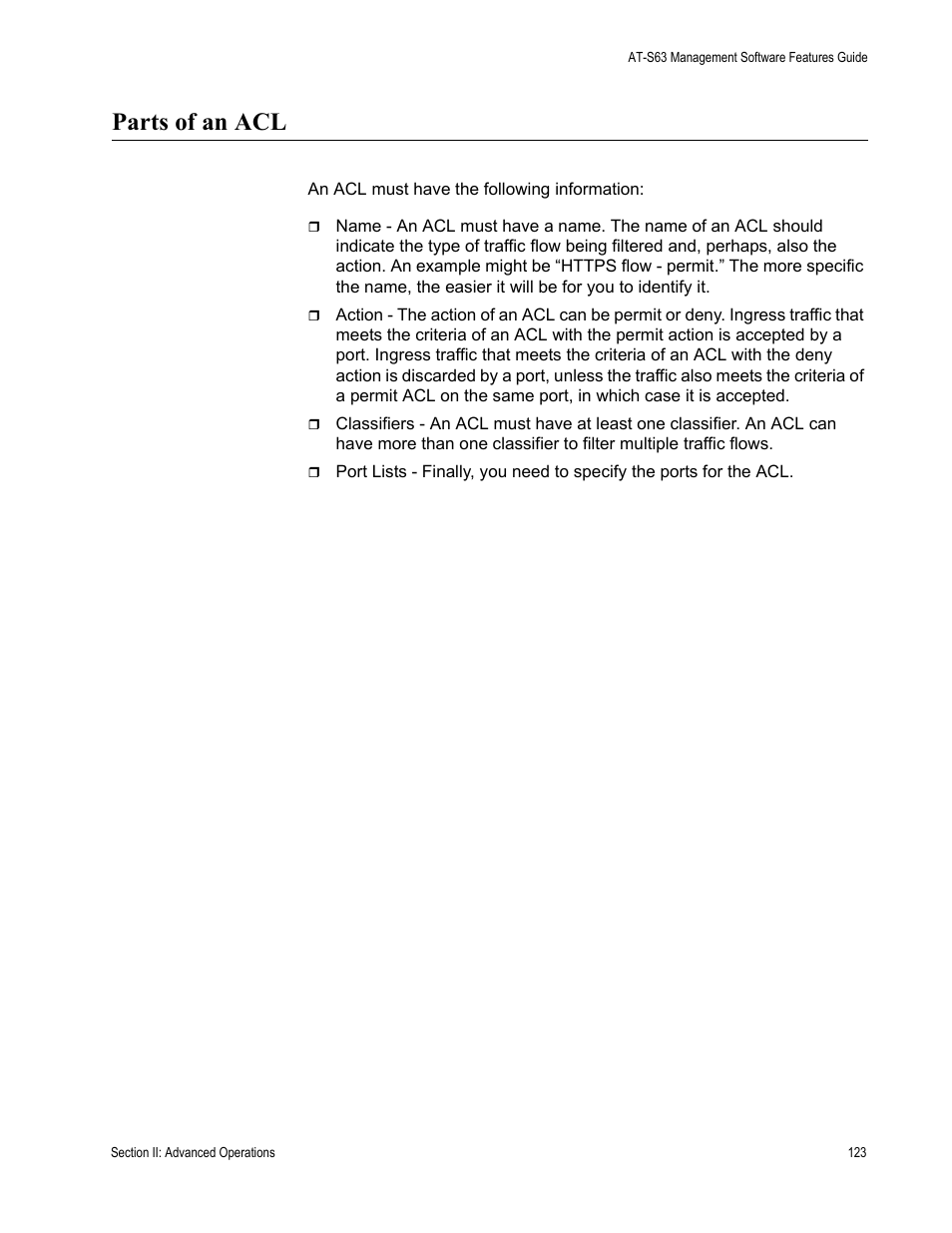 Parts of an acl | Allied Telesis AT-S63 User Manual | Page 123 / 514