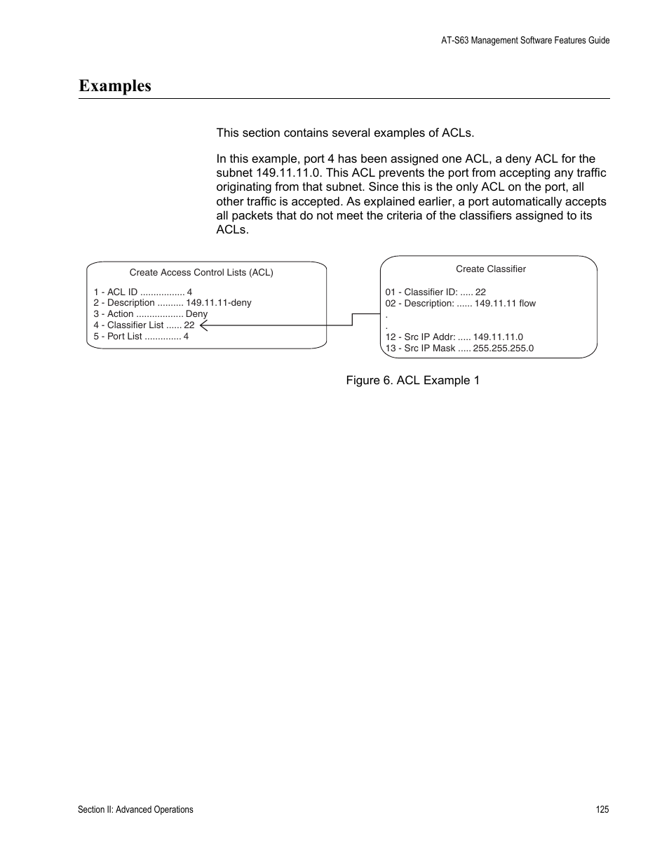 Examples, Figure 6: acl example 1 | Allied Telesis AT-S63 User Manual | Page 125 / 514