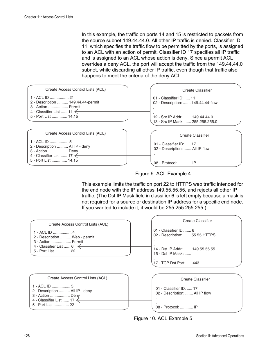 Figure 9: acl example 4 figure 10: acl example 5 | Allied Telesis AT-S63 User Manual | Page 128 / 514