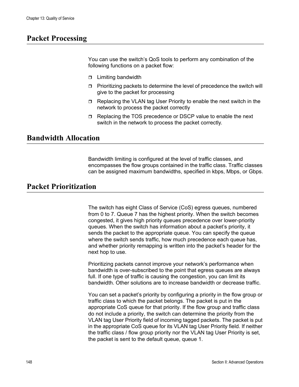 Packet processing, Bandwidth allocation, Packet prioritization | Allied Telesis AT-S63 User Manual | Page 148 / 514